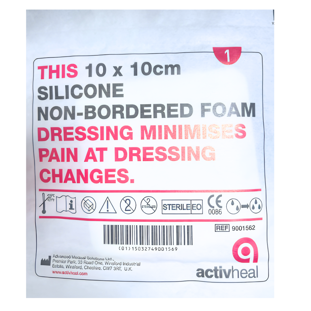 ActivHeal Silicone Foam No Border 10 x 10cm dressing shown flat, soft silicone layer for gentle adhesion, ideal for protecting moderate exuding wounds.
