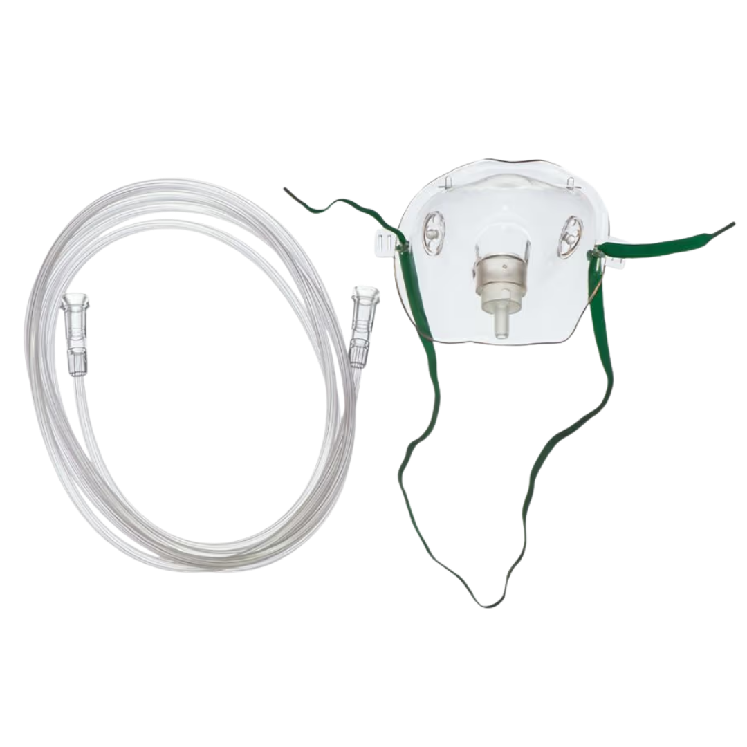 Adolescent clear oxygen mask with tubing, adjustable straps, and nose clip designed for safe, comfortable oxygen therapy for young patients.