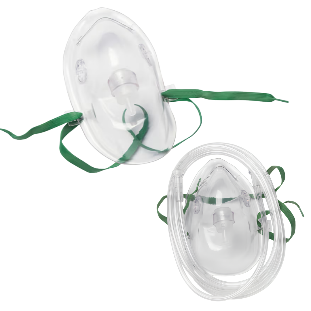 Adult elongated clear oxygen mask with tubing, adjustable straps, and nose clip designed for safe, comfortable oxygen therapy in hospital or home care.