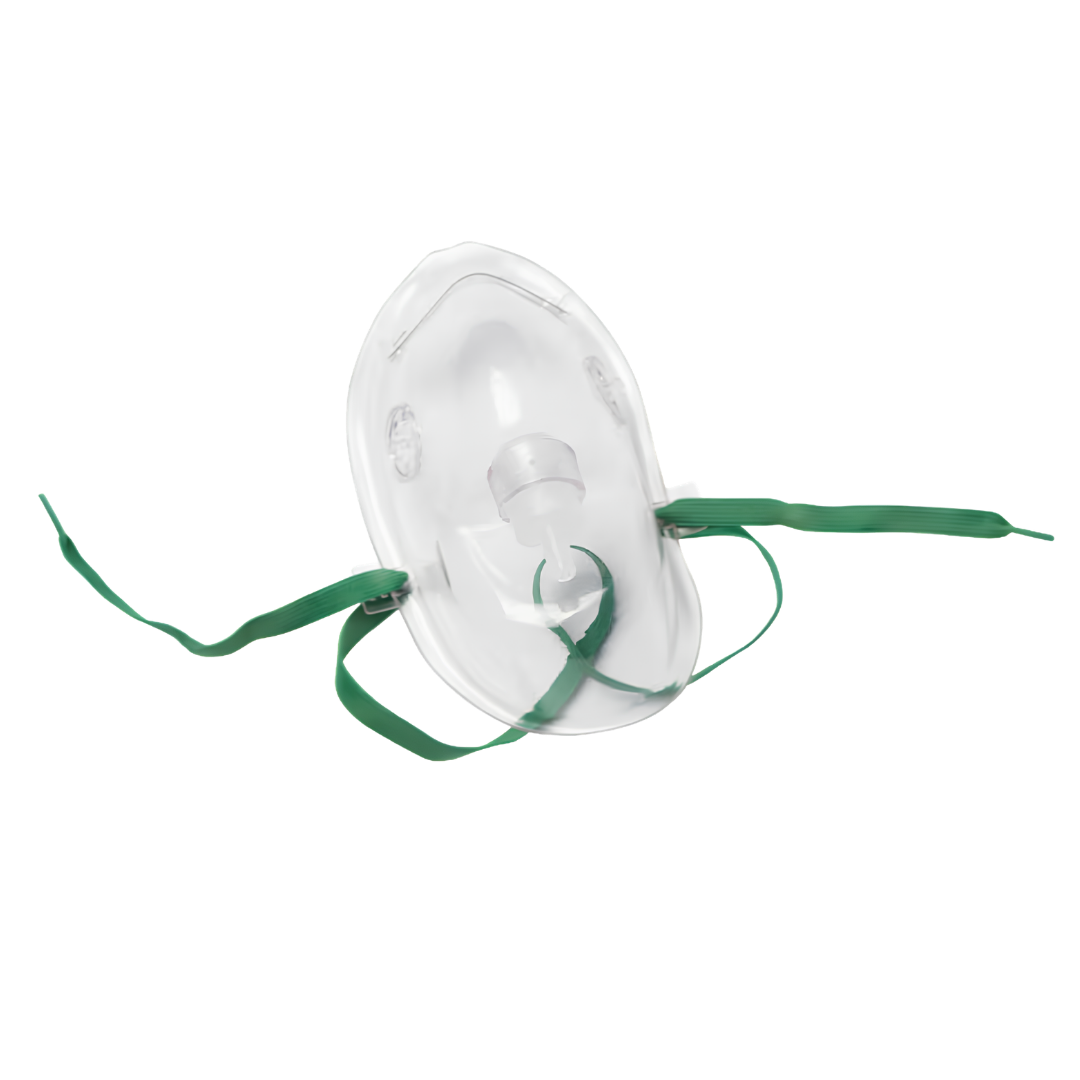 Adult elongated clear oxygen mask with tubing, adjustable straps, and nose clip designed for safe, comfortable oxygen therapy in hospital or home care.