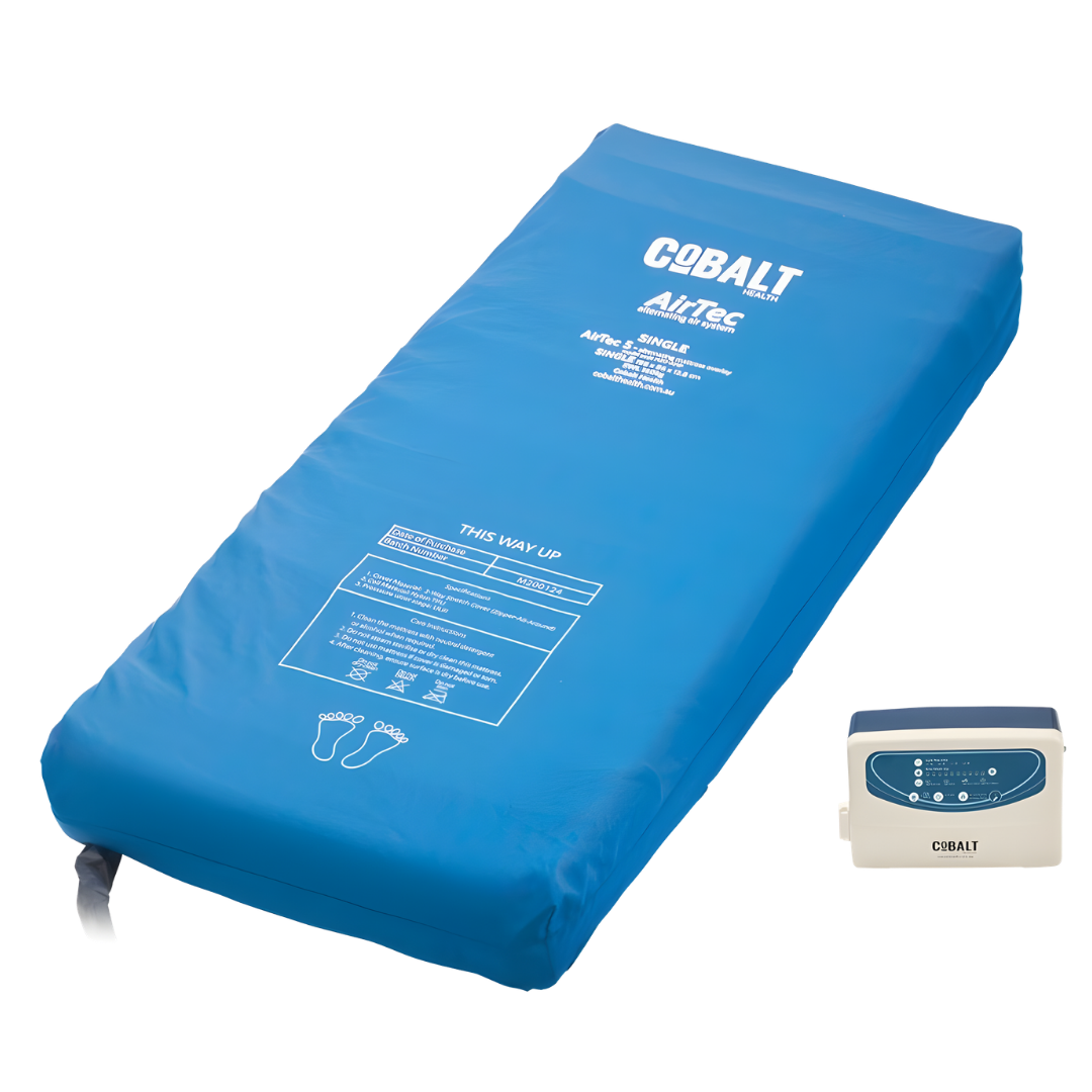 AirTec 5 Alternating Air Overlay on a bed, showing air cells designed to deliver gentle alternating pressure relief for individuals needing supportive pressure care.
