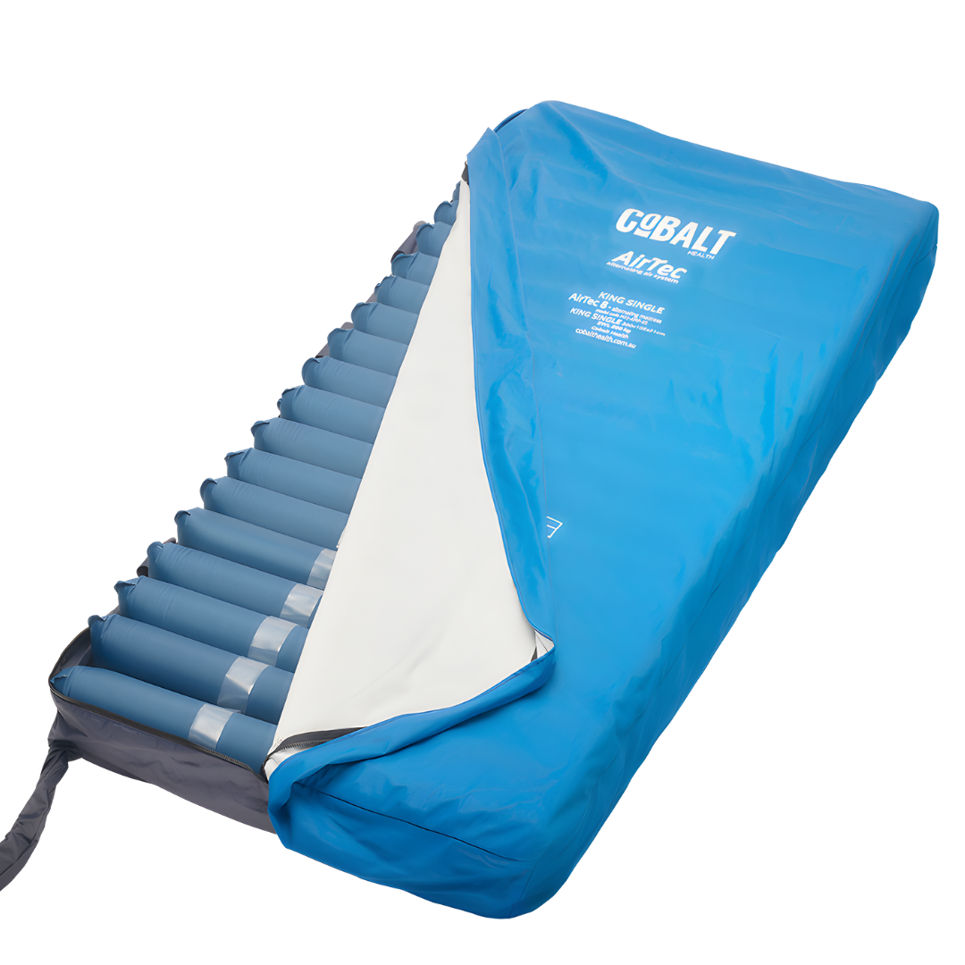AirTec 8 Mattress Replacement System displayed on a bed frame, featuring deep air cells designed to deliver advanced alternating pressure relief for high‑risk users.