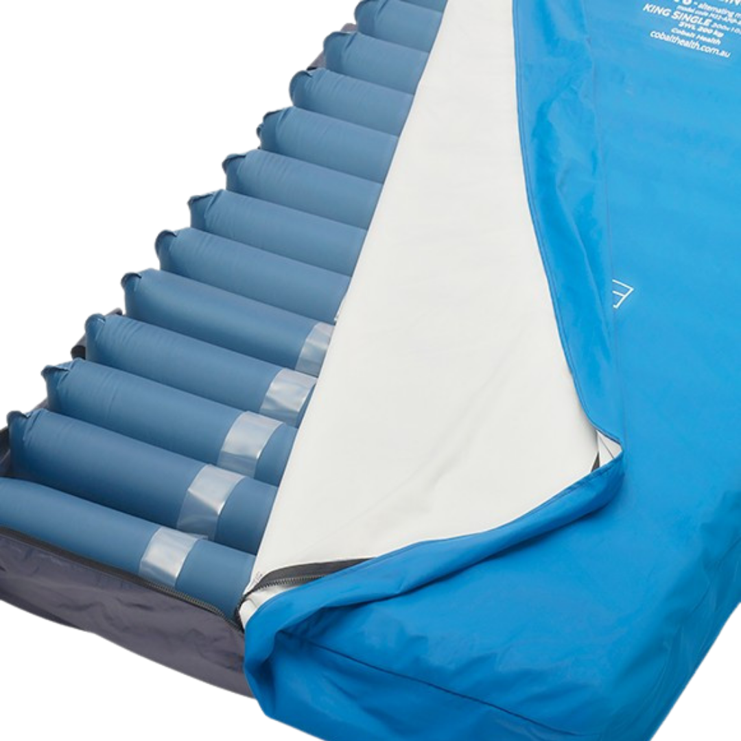 AirTec 8 Mattress Replacement System displayed on a bed frame, featuring deep air cells designed to deliver advanced alternating pressure relief for high‑risk users.