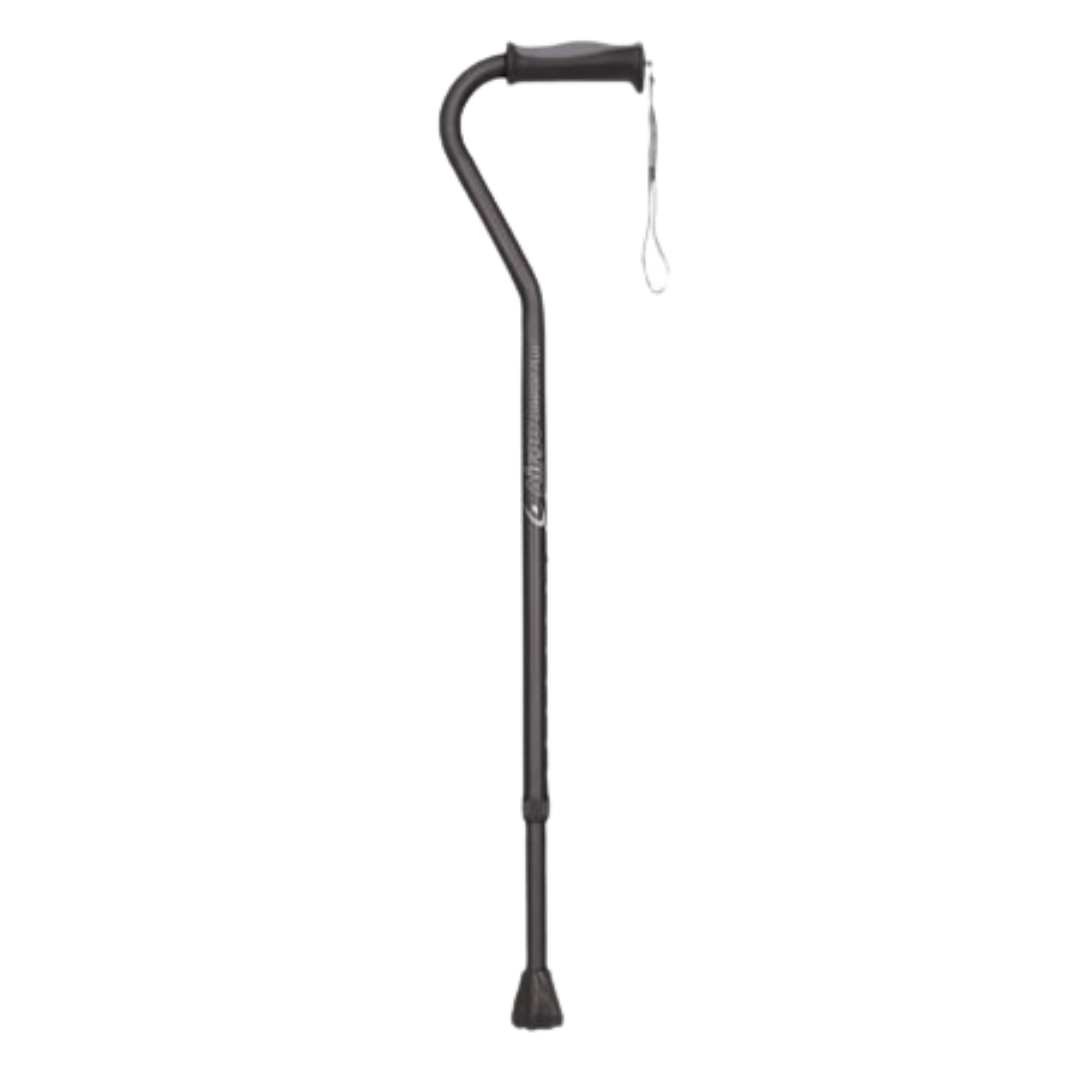 Airgo Comfort-Plus Aluminum Cane with offset ergonomic handle and non-slip rubber tip, designed for lightweight, adjustable support and wrist comfort.