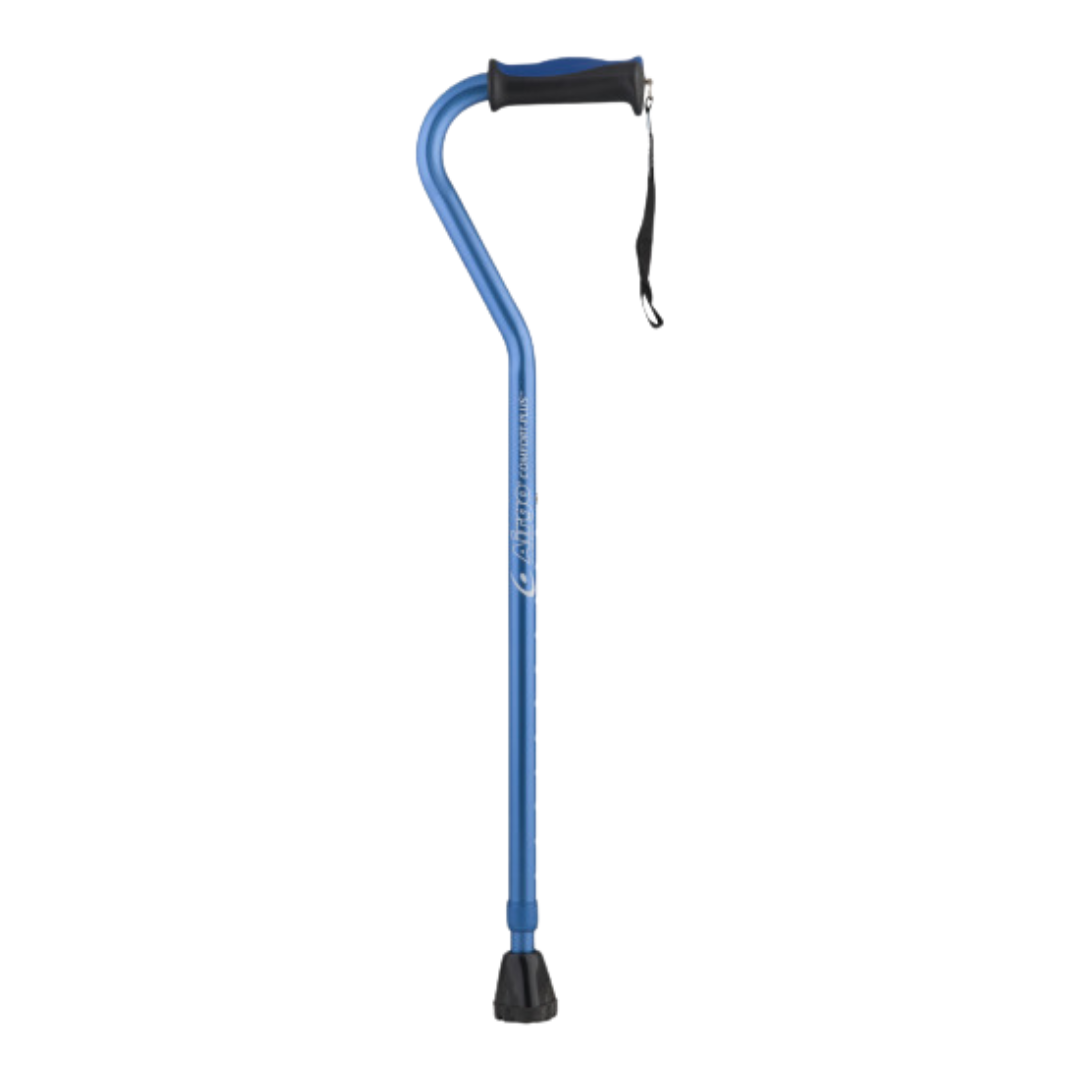 Airgo Comfort-Plus Aluminum Cane with offset ergonomic handle and non-slip rubber tip, designed for lightweight, adjustable support and wrist comfort.