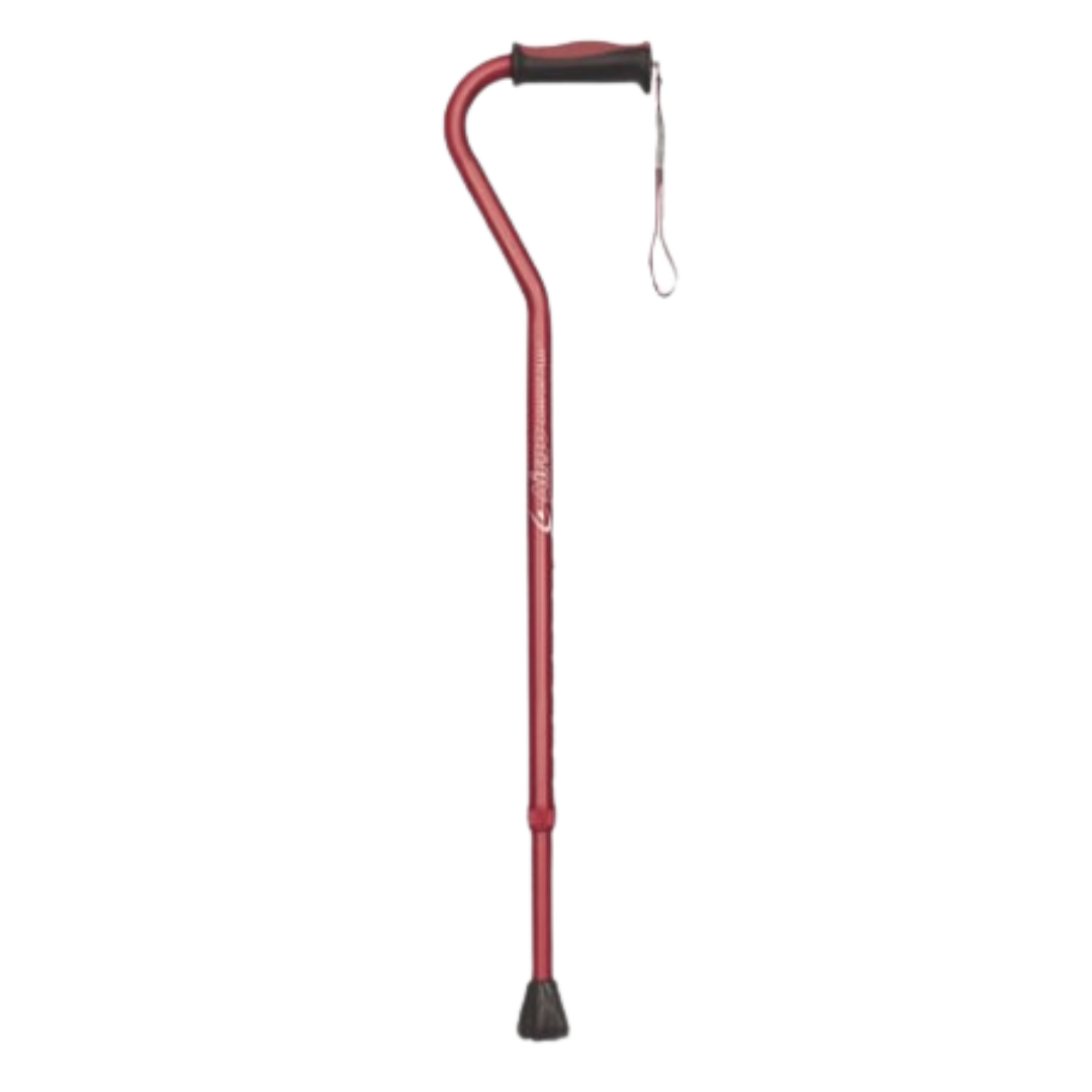 Airgo Comfort-Plus Aluminum Cane with offset ergonomic handle and non-slip rubber tip, designed for lightweight, adjustable support and wrist comfort.