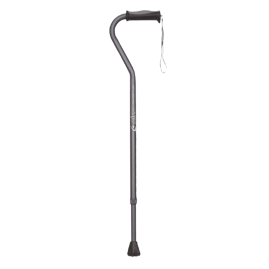 Airgo Comfort-Plus Aluminum Cane with offset ergonomic handle and non-slip rubber tip, designed for lightweight, adjustable support and wrist comfort.