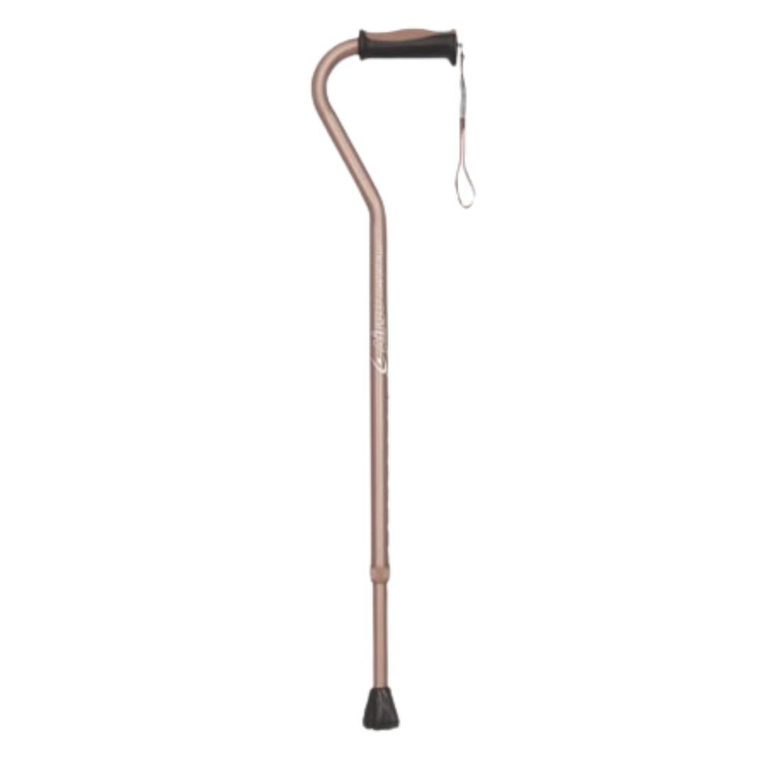 Airgo Comfort-Plus Aluminum Cane with offset ergonomic handle and non-slip rubber tip, designed for lightweight, adjustable support and wrist comfort.