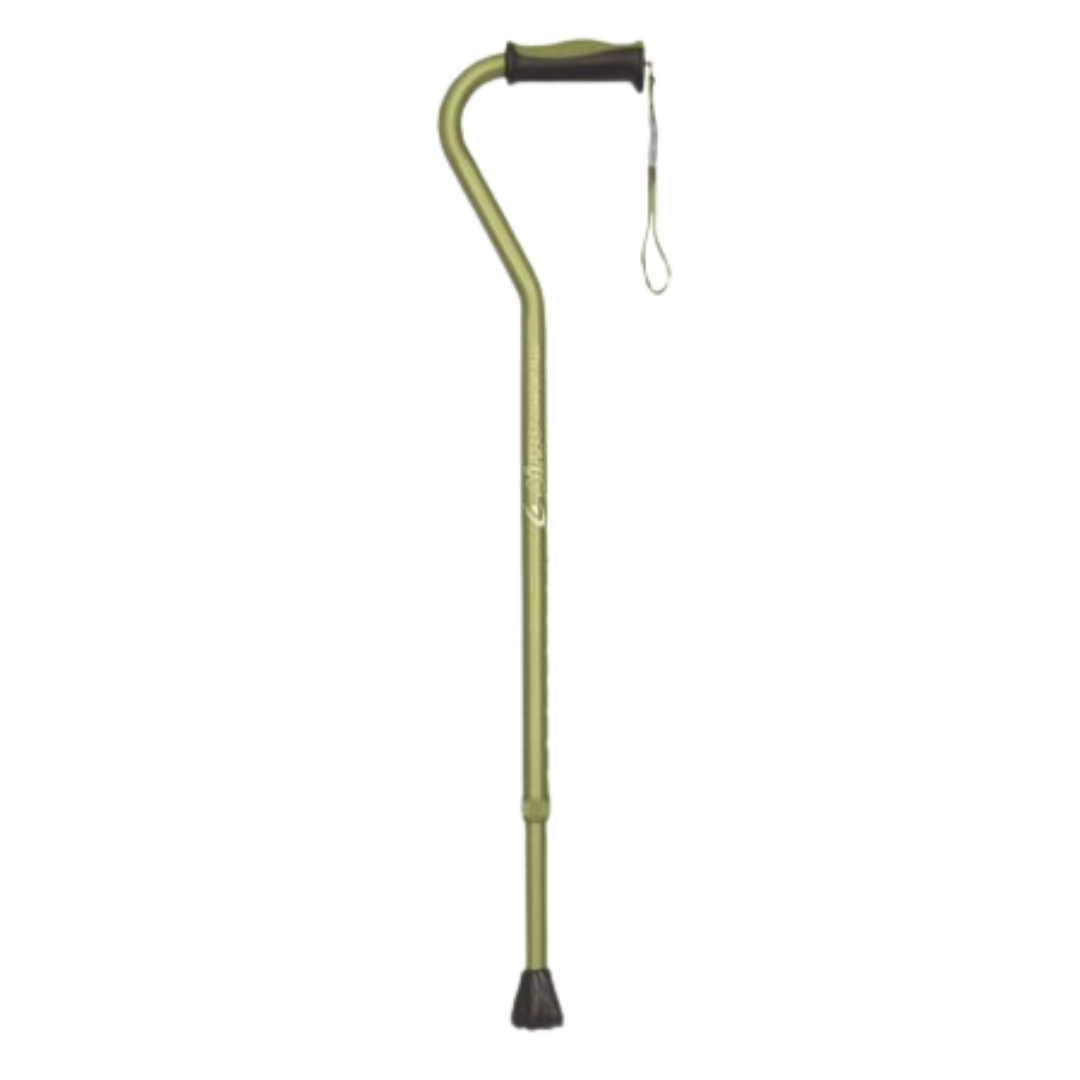 Airgo Comfort-Plus Aluminum Cane with offset ergonomic handle and non-slip rubber tip, designed for lightweight, adjustable support and wrist comfort.