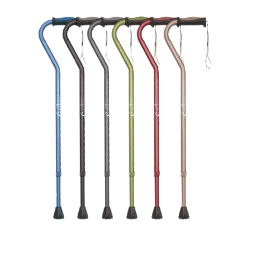 Airgo Comfort-Plus Aluminum Cane with offset ergonomic handle and non-slip rubber tip, designed for lightweight, adjustable support and wrist comfort.