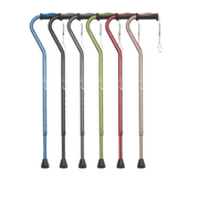 Airgo Comfort-Plus Aluminum Cane with offset ergonomic handle and non-slip rubber tip, designed for lightweight, adjustable support and wrist comfort.