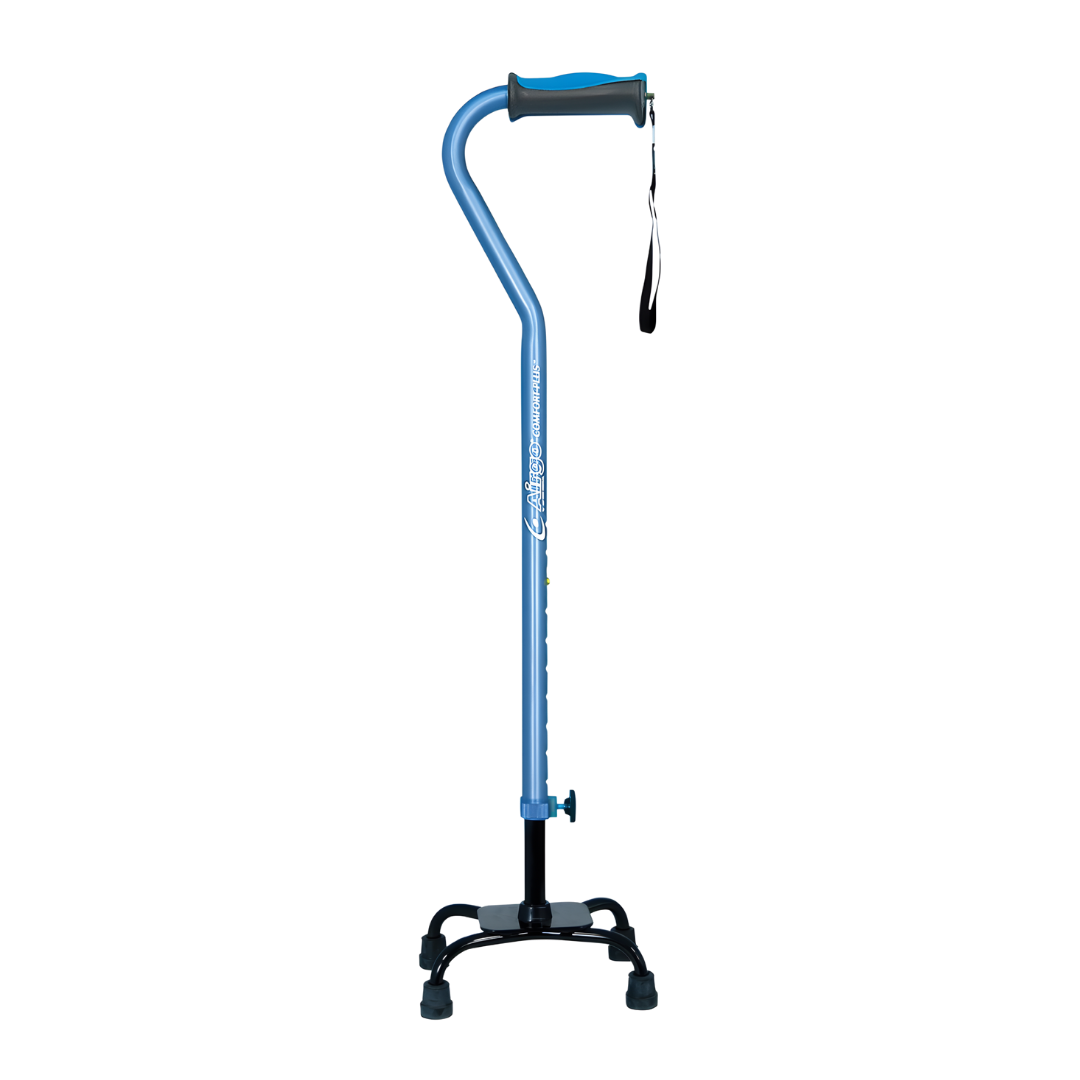 Airgo Comfort-Plus Adjustable Quad Cane with small base in black, blue and charcoal, offering stable mobility support for daily use in home, rehab or aged care settings.
