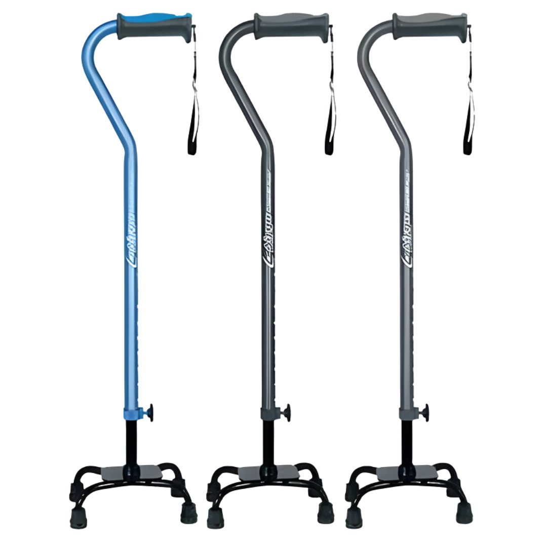 Airgo Comfort-Plus Adjustable Quad Cane with small base in black, blue and charcoal, offering stable mobility support for daily use in home, rehab or aged care settings.