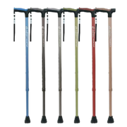 Product lineup of six Airgo Comfort-Plus height-adjustable aluminum walking canes with ergonomic derby handles, rubber tips, and wrist straps, presented side-by-side in Blue, Black, Charcoal, Olive, Burgundy, and Coral colors on a transparent background.