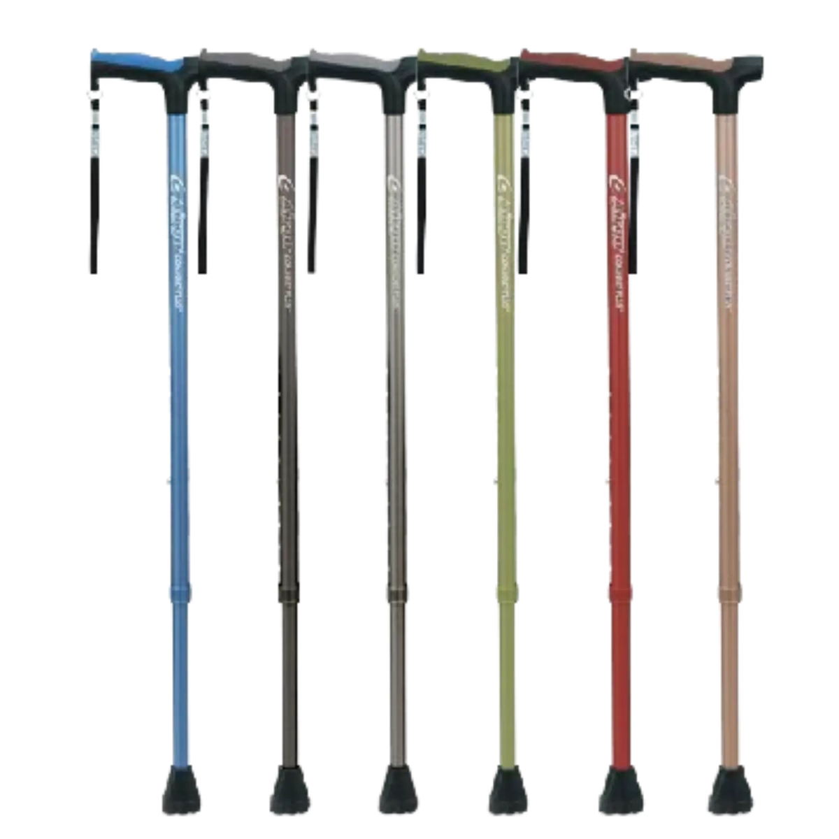 Product lineup of six Airgo Comfort-Plus height-adjustable aluminum walking canes with ergonomic derby handles, rubber tips, and wrist straps, presented side-by-side in Blue, Black, Charcoal, Olive, Burgundy, and Coral colors on a transparent background.