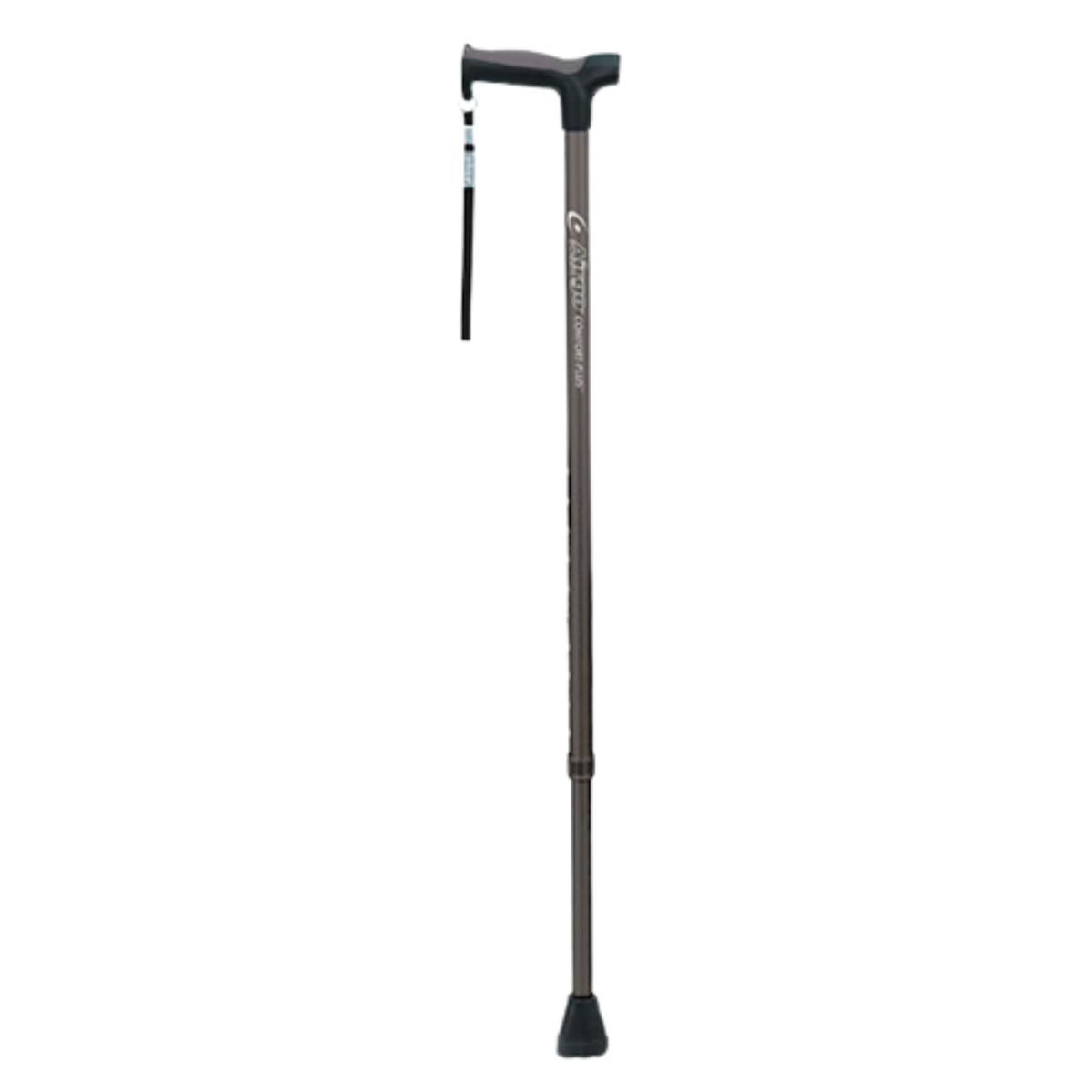 A single adjustable walking cane with a dark gray metallic shaft, black T-handle, and black rubber tip, shown vertically against a plain white background.