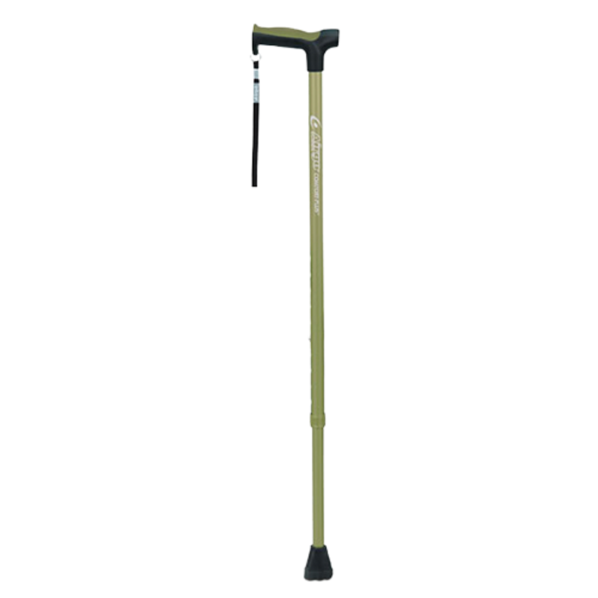 Product image of a single height-adjustable Airgo Comfort-Plus aluminum walking cane featuring a metallic olive green shaft, ergonomic derby handle with green accents, wrist strap, and black rubber tip on a transparent background.
