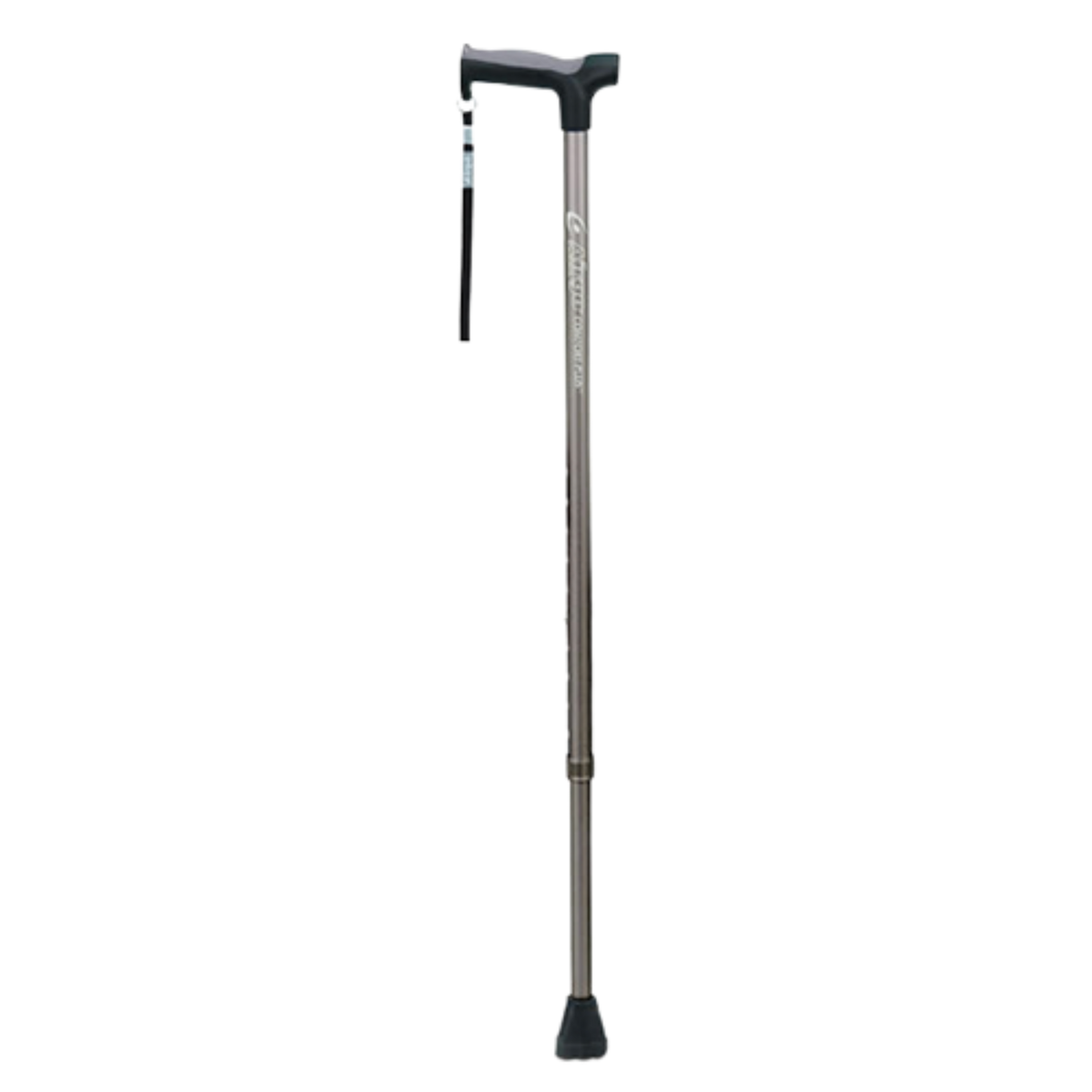 Product image of a single height-adjustable Airgo Comfort-Plus aluminum walking cane featuring a metallic charcoal shaft, ergonomic derby handle with green accents, wrist strap, and black rubber tip on a transparent background.