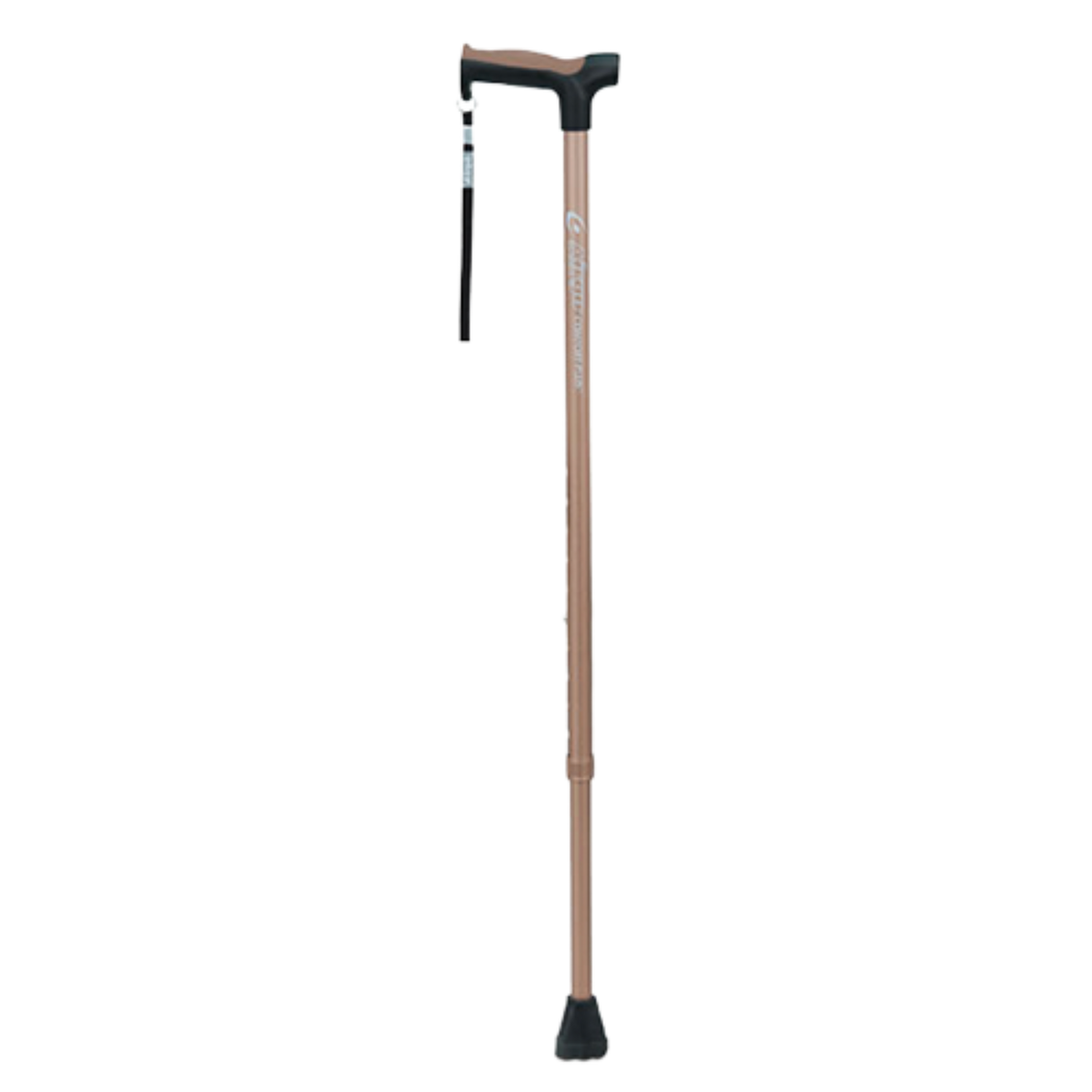Product image of a single height-adjustable Airgo Comfort-Plus aluminum walking cane featuring a metallic coral shaft, ergonomic derby handle with coral accents, wrist strap, and black rubber tip on a transparent background.
