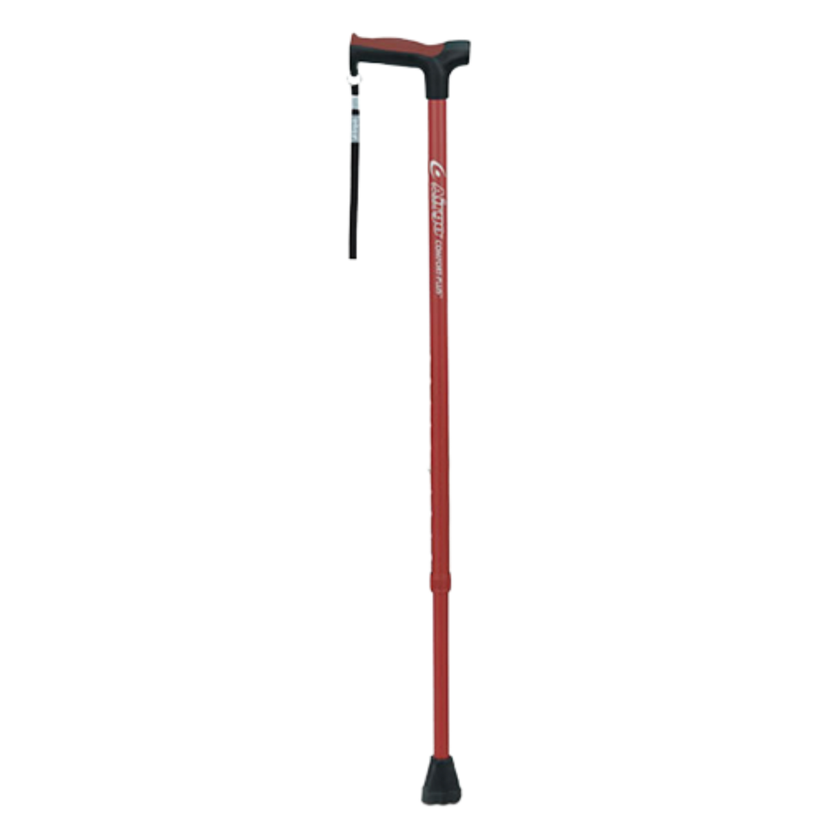 Product image of a single height-adjustable Airgo Comfort-Plus aluminum walking cane featuring a metallic burgundy shaft, ergonomic derby handle with green accents, wrist strap, and black rubber tip on a transparent background.
