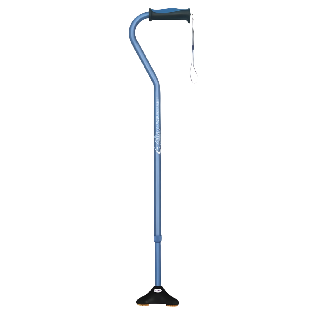 Airgo Comfort Plus Mini Quad Cane with compact quad base and cushioned handle, available in black, blue, and burgundy.