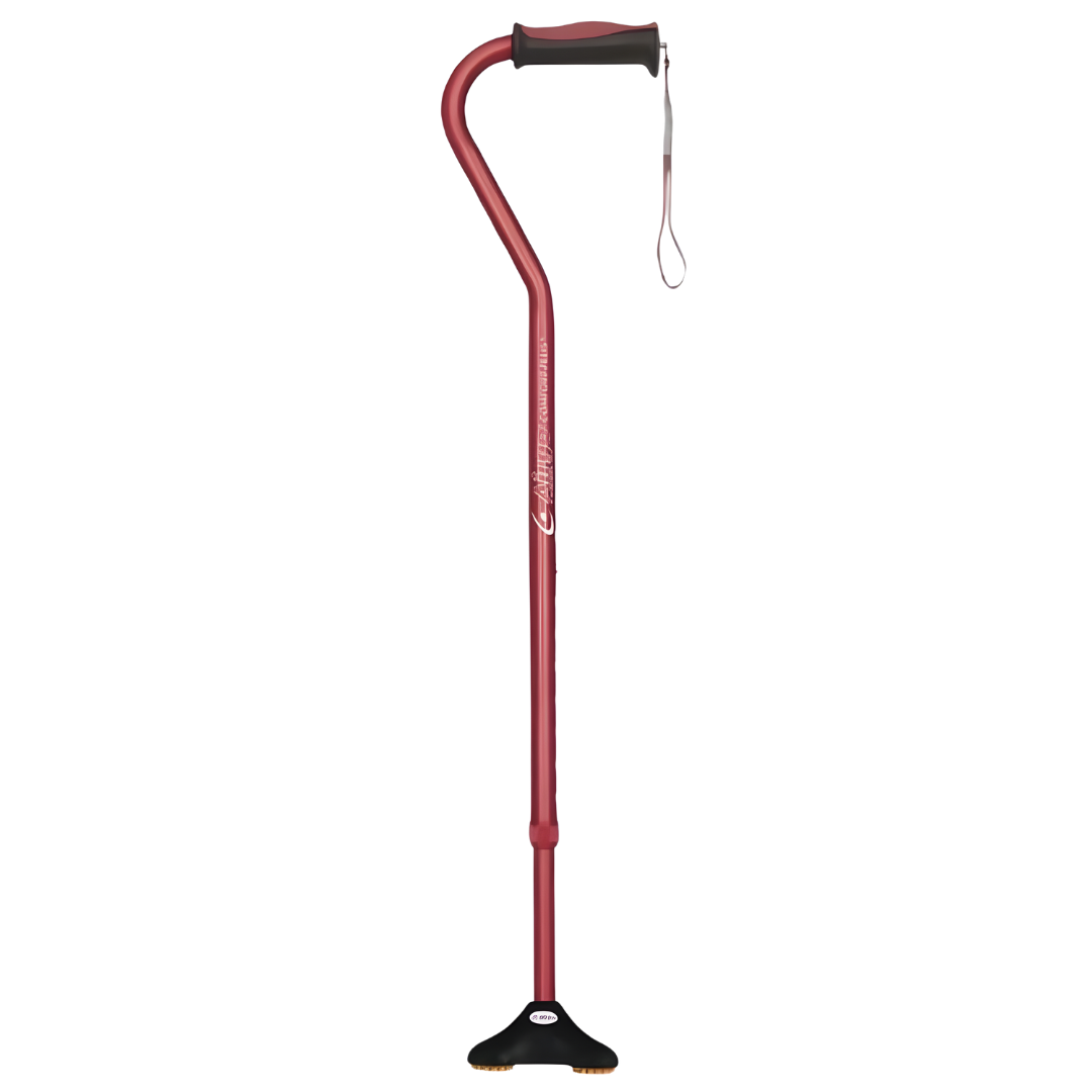 Airgo Comfort Plus Mini Quad Cane with compact quad base and cushioned handle, available in black, blue, and burgundy.
