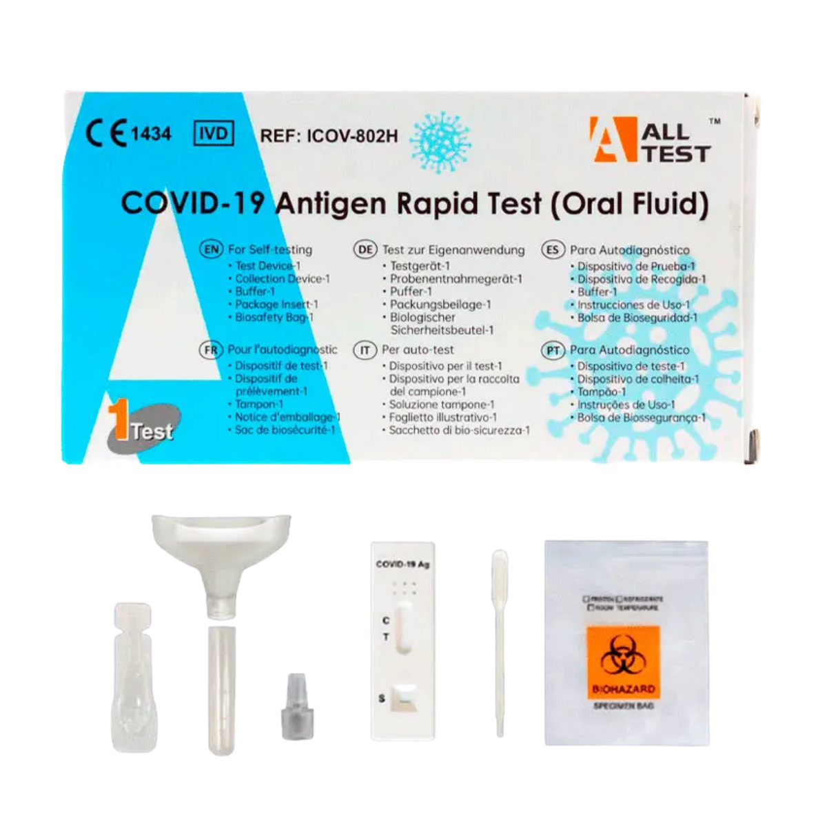 Individual component items of an ALL TEST COVID-19 Oral Fluid Antigen Rapid Test Kit on a transparent background