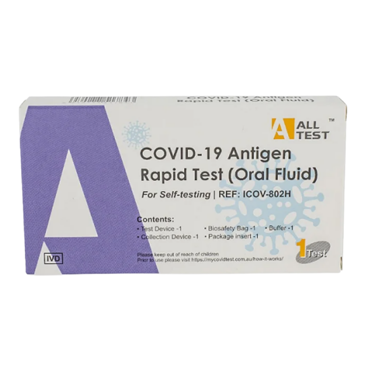 Front packaging of an ALL TEST COVID-19 Antigen Rapid Test Kit (Oral Fluid) single-test box on a transparent background.