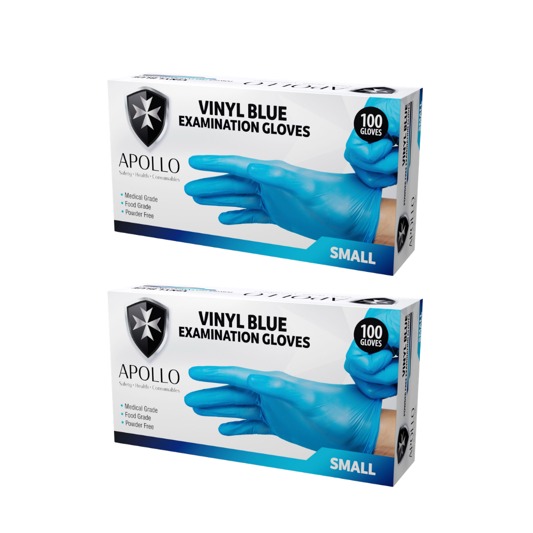 A box of Apollo brand Vinyl Blue Examination Gloves, medical and food grade, powder-free, size small, containing 100 gloves.