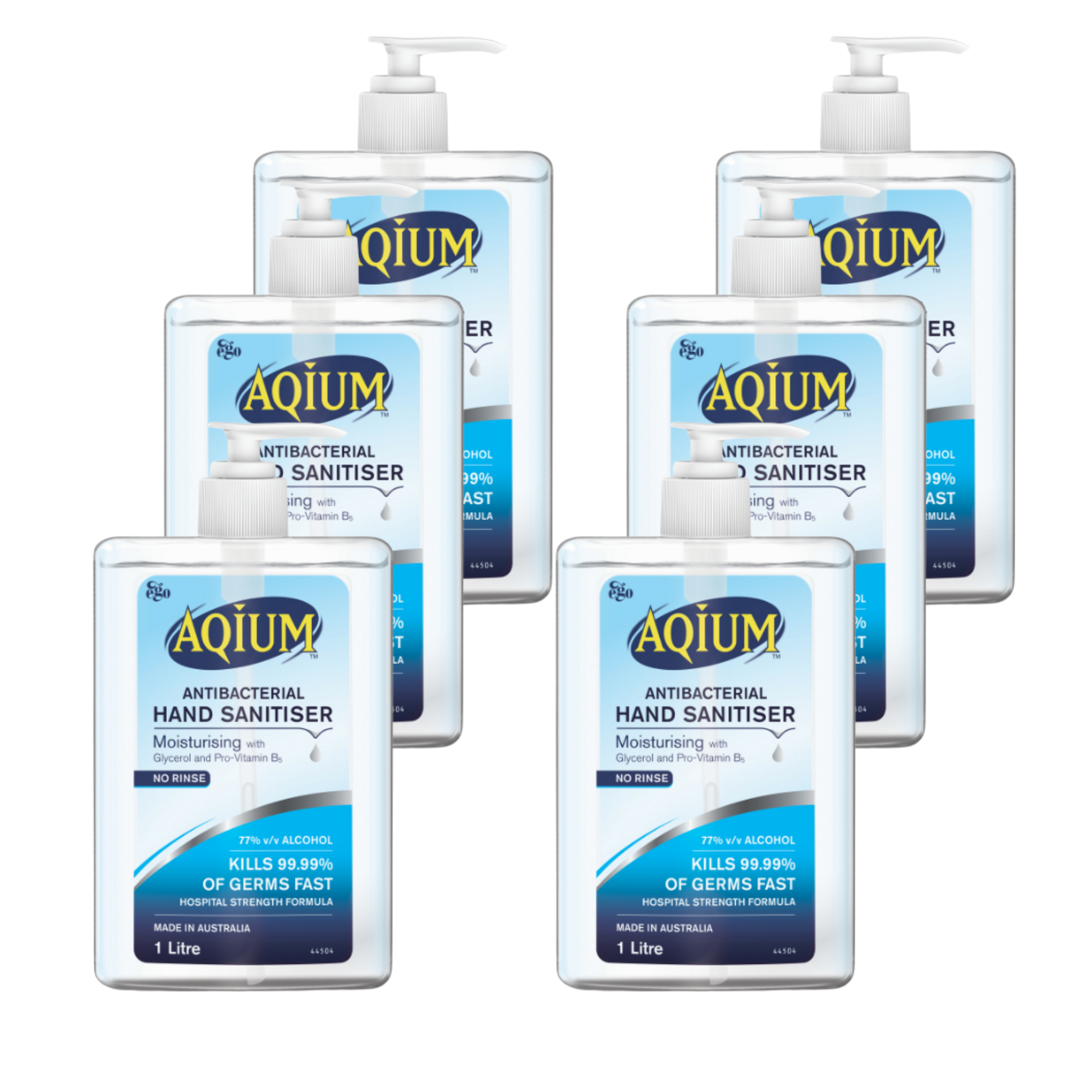 Multiple bottles of Aqium antibacterial hand sanitiser on a white background