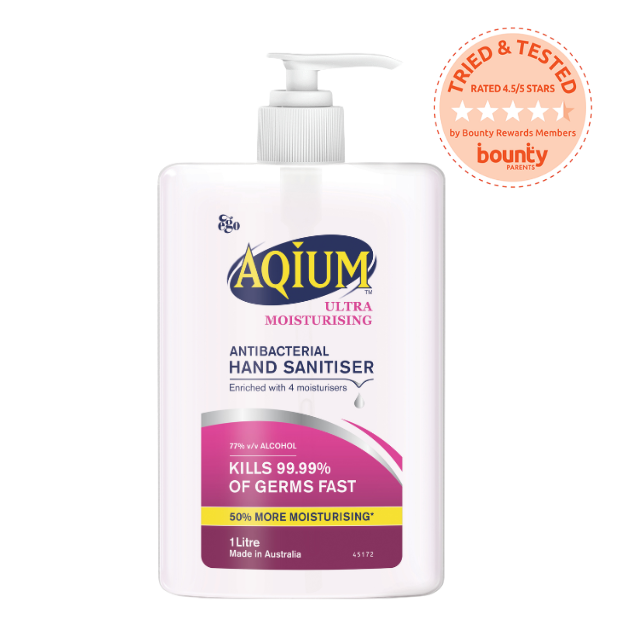 Aqium Ultra Moisturising Antibacterial Hand Sanitiser bottle with pump on a white background