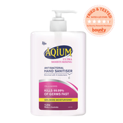 Aqium Ultra Moisturising Antibacterial Hand Sanitiser bottle with pump on a white background