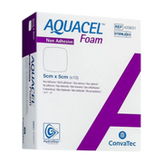 Aquacel Foam Non-Adhesive Dressing with multi-layer construction and Hydrofiber Technology, designed for managing moderate to heavily exuding wounds on sensitive skin.