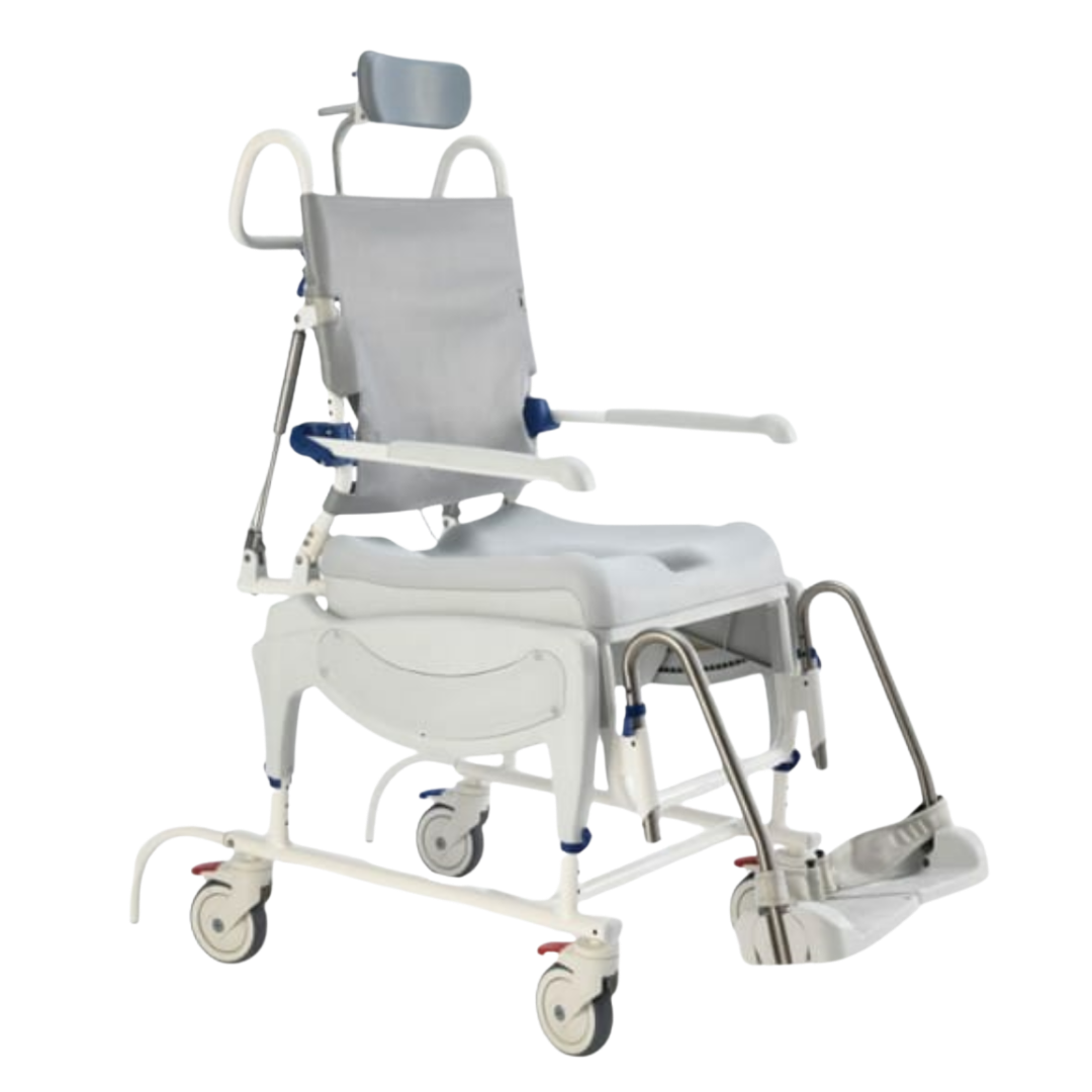 Aquatec Ocean Dual VIP Ergo Transit shower commode chair, tilt‑in‑space design, ergonomic comfort, stable rust‑free frame, supports safe assisted hygiene care.