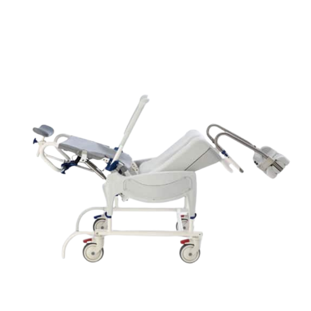 Aquatec Ocean Dual VIP Ergo Transit shower commode chair, tilt‑in‑space design, ergonomic comfort, stable rust‑free frame, supports safe assisted hygiene care.