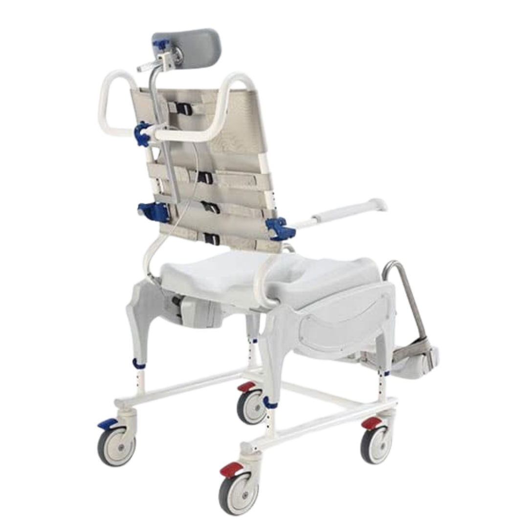 Aquatec Ocean Dual VIP Ergo Transit shower commode chair, tilt‑in‑space design, ergonomic comfort, stable rust‑free frame, supports safe assisted hygiene care.