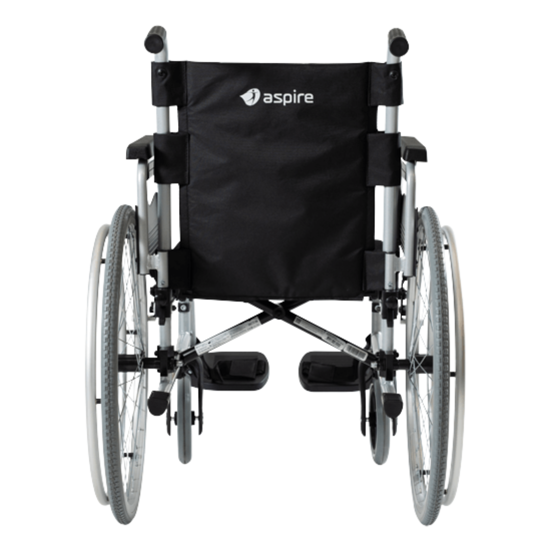 Aspire Assist 3 Folding Manual Wheelchair with black frame, padded seat, and large rear wheels – suitable for self-propelling users.