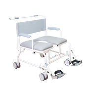 Aspire Bariatric Mobile Shower Commode with wide padded seat, stainless-steel frame, and swing-away footrests.