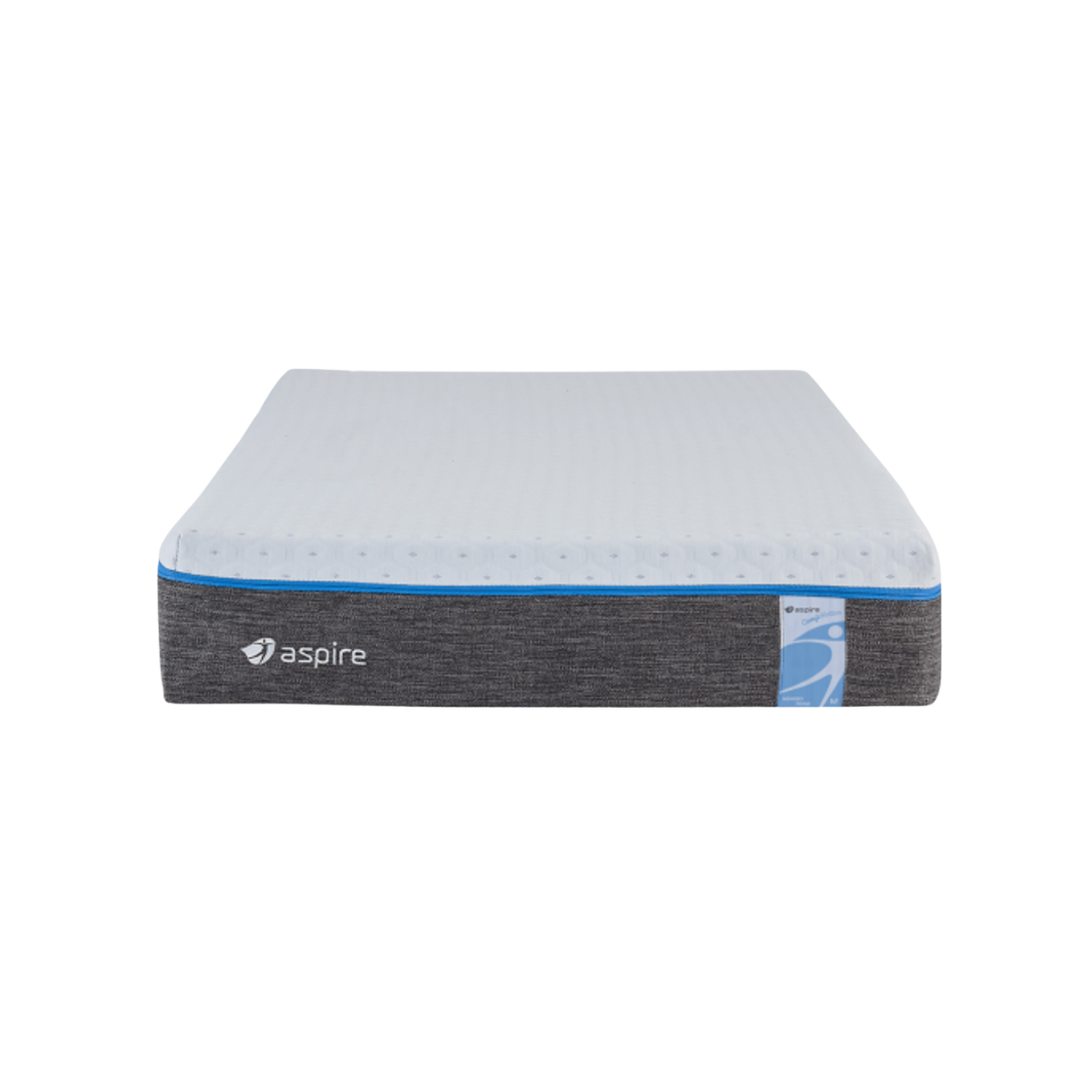 Aspire ComfiMotion Memory Foam Mattress in King Single size with Portobello Grey Sides, featuring pressure-relieving foam and breathable stretch-knit cover for comfort and support in home or aged care settings.