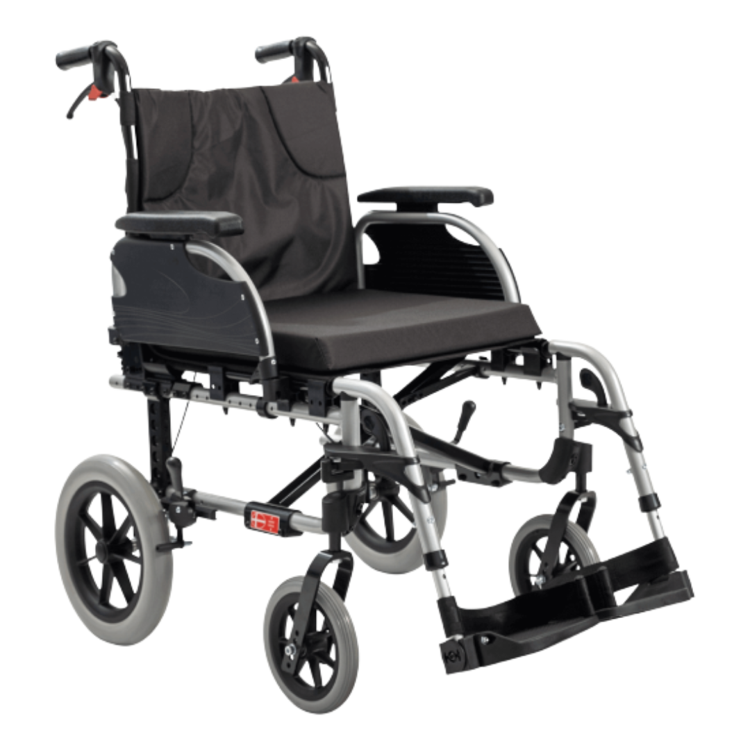 Aspire Evoke 2 manual wheelchair with black upholstery, aluminium frame, and large rear wheels – height adjustable and self-propelled.