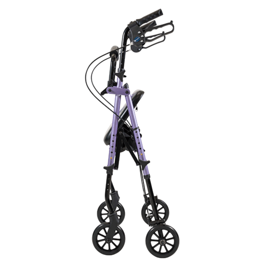 Aspire Flex Adjustable Seat Walker – rollator with height-adjustable padded seat, backrest, 6" and 8” wheels, and under-seat storage bag.