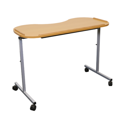 Aspire Overchair Table with beech laminate top, height-adjustable frame and wheels for use over chairs or recliners.