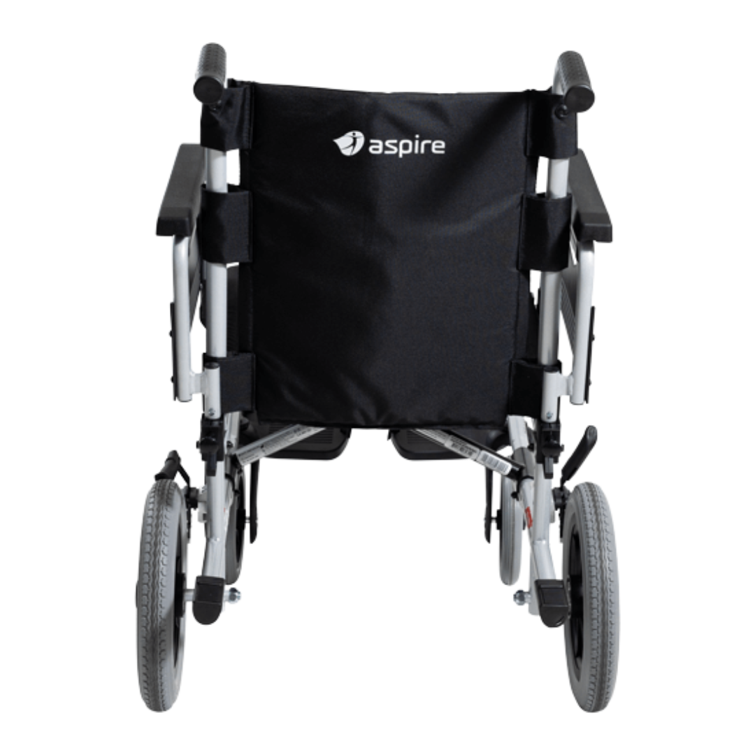 Aspire Transit 3 Folding Wheelchair with black steel frame, swing-away footrests, and padded armrests for attendant-assisted mobility.