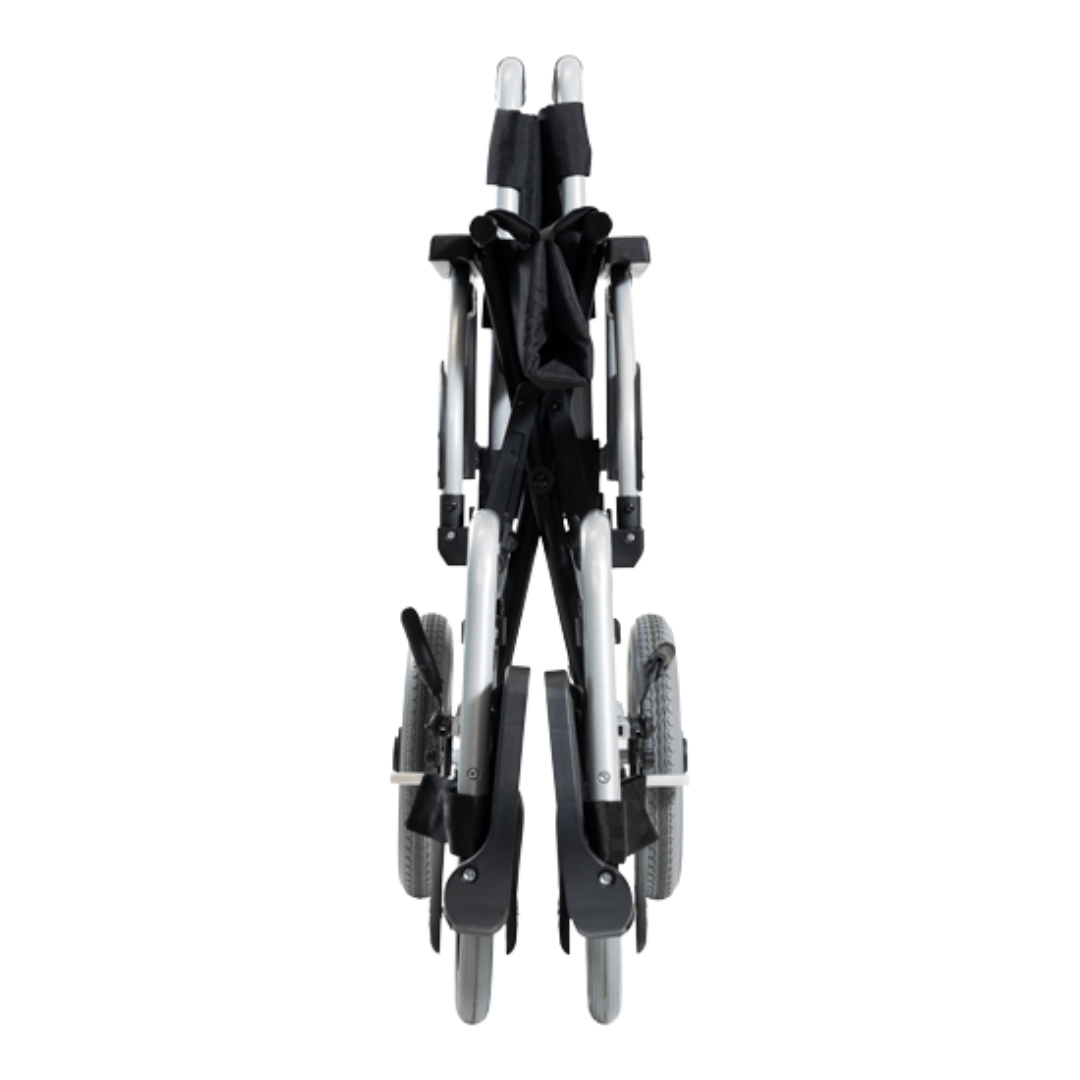 Aspire Transit 3 Folding Wheelchair with black steel frame, swing-away footrests, and padded armrests for attendant-assisted mobility.