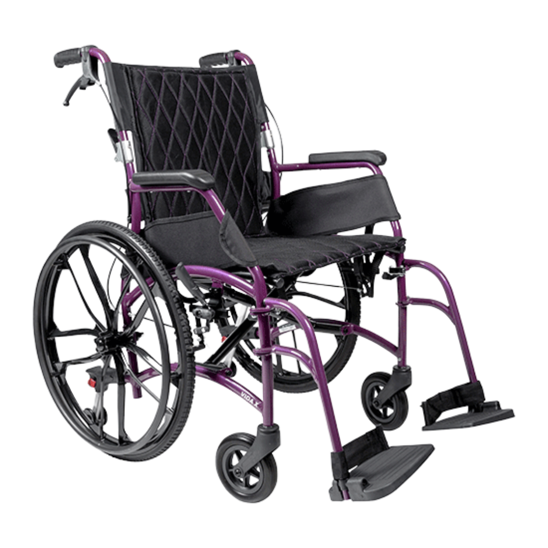 Aspire VIDA X Folding Wheelchair with adjustable armrests, swing-away leg rests, and large self-propelling rear wheels in a charcoal aluminium frame.
