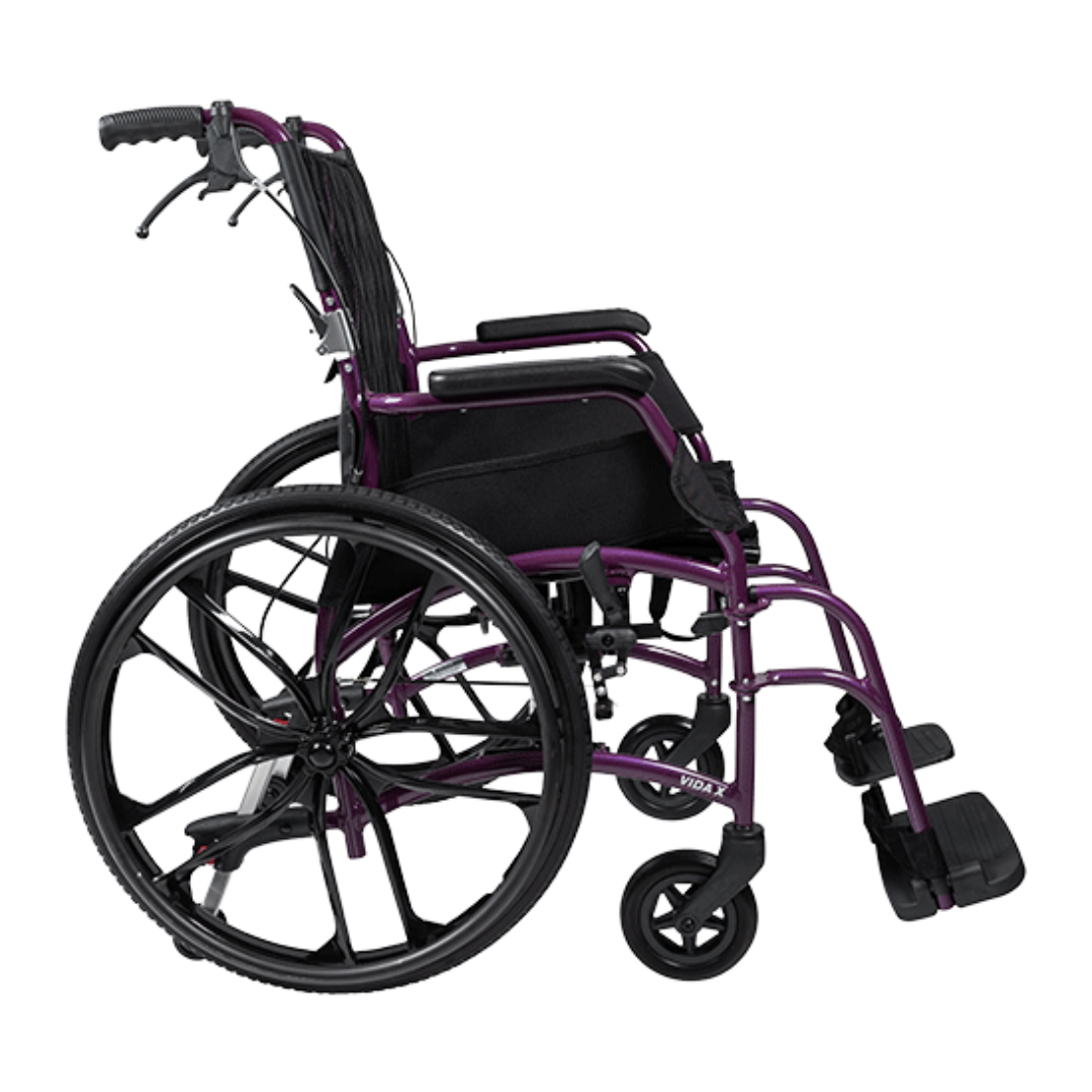 Aspire VIDA X Folding Wheelchair with adjustable armrests, swing-away leg rests, and large self-propelling rear wheels in a charcoal aluminium frame.