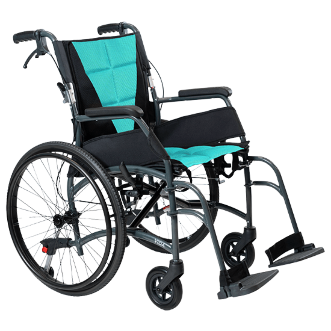 Aspire Vida Folding Manual Wheelchair with attendant brakes, swing-away footrests, and padded seat for caregiver-assisted mobility.