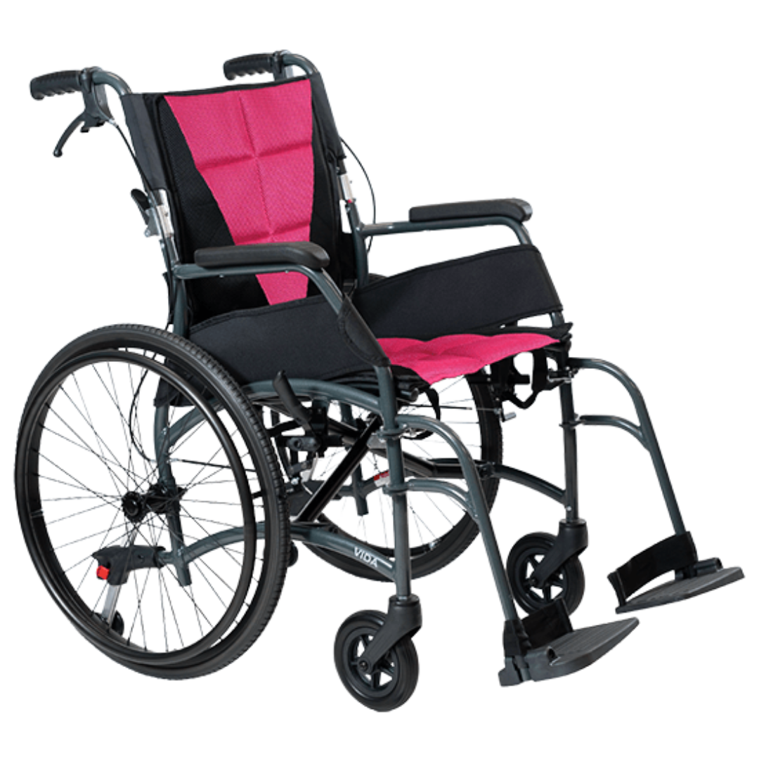 Aspire Vida Self Propelled Wheelchair with quick-release rear wheels, folding aluminium frame, and padded seat for user-driven mobility.
