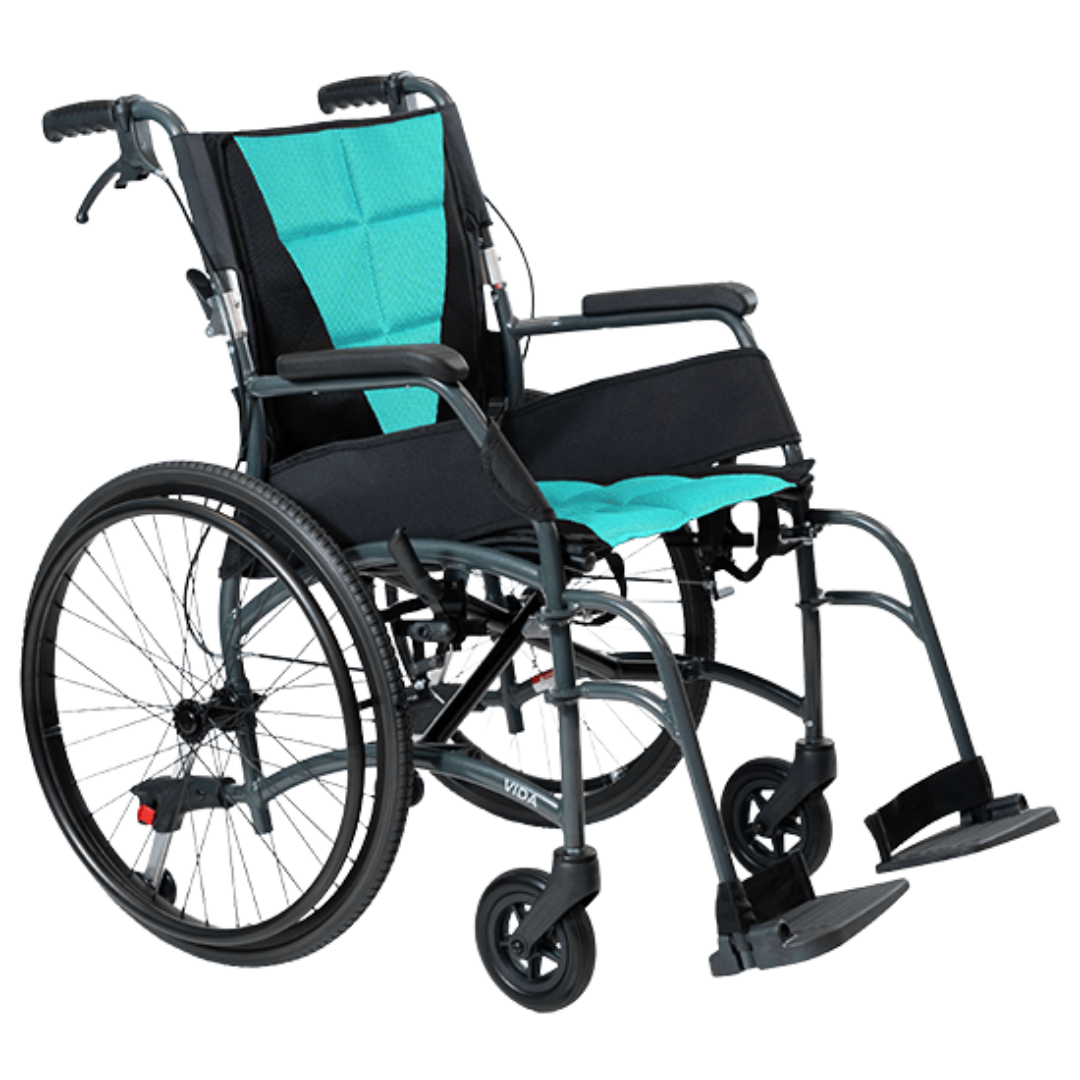 Aspire Vida Self Propelled Wheelchair with quick-release rear wheels, folding aluminium frame, and padded seat for user-driven mobility.