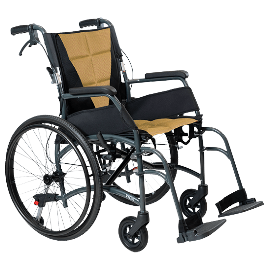 Aspire Vida Self Propelled Wheelchair with quick-release rear wheels, folding aluminium frame, and padded seat for user-driven mobility.